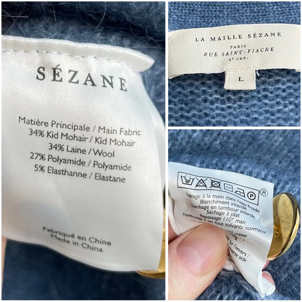 SEZANE Blue Mohair Wool Balloon Sleeve Oversized Mia V Neck Cardigan Sweater - Picture 15 of 16